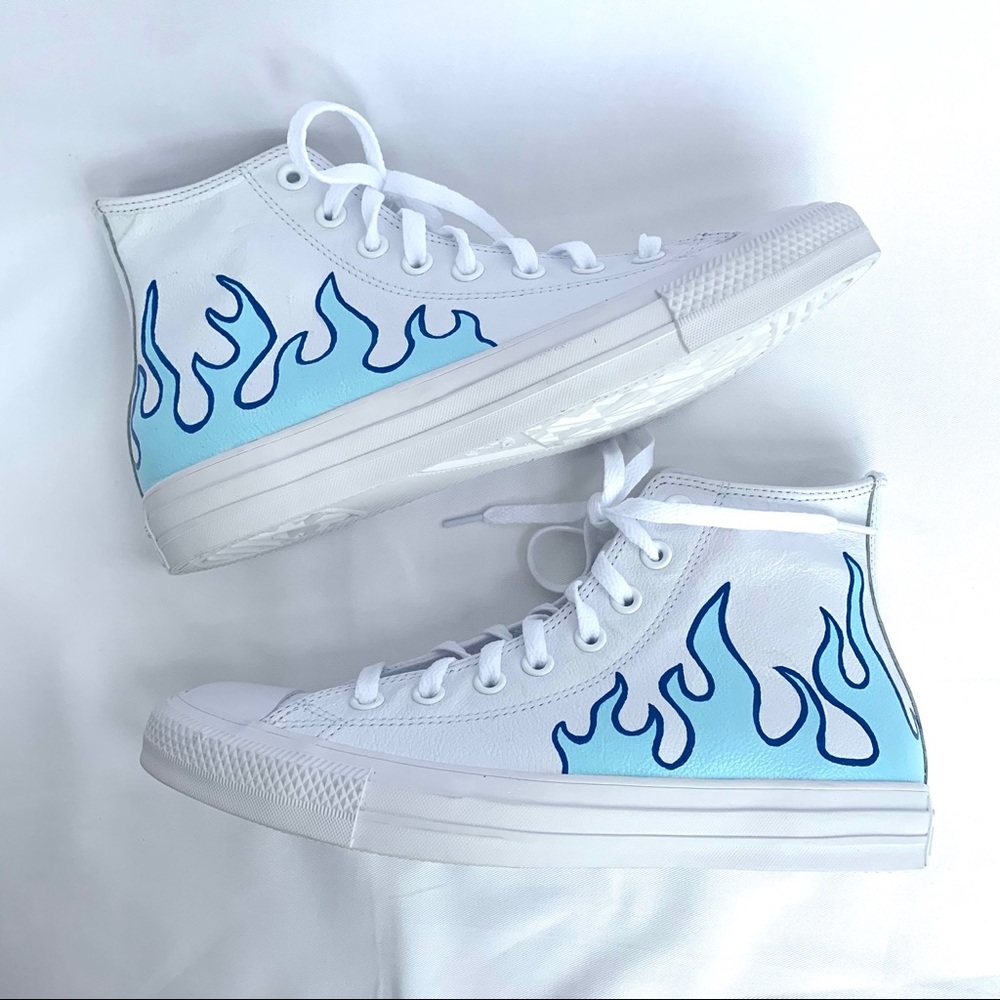 CUSTOM Hand Painted Blue Flame Leather Converse - Picture 5 of 5